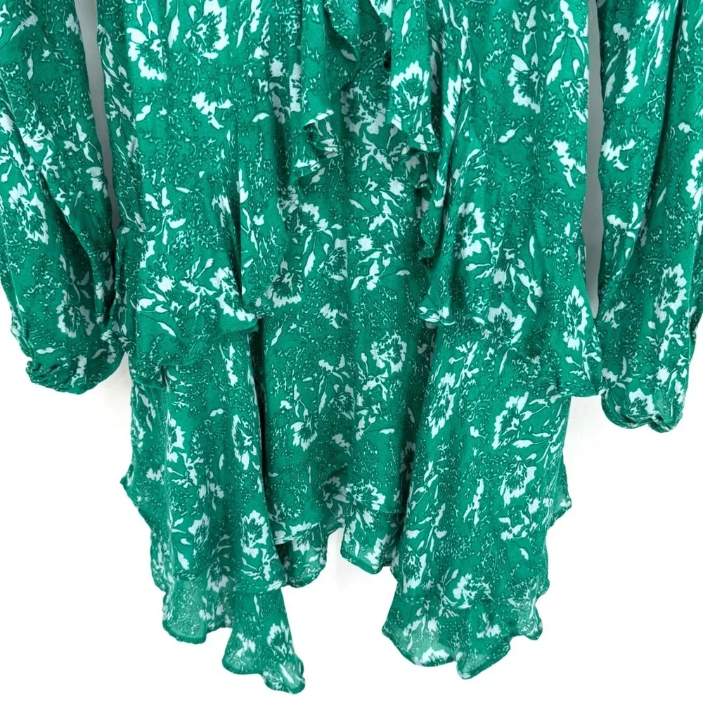 Free People Rebecca Mini Dress Womens S Green Floral Ruffle Boho Cottage Fairy